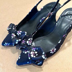 Tory Burch | Like New Rosalind Black Satin Floral Slingback Kitten Heels